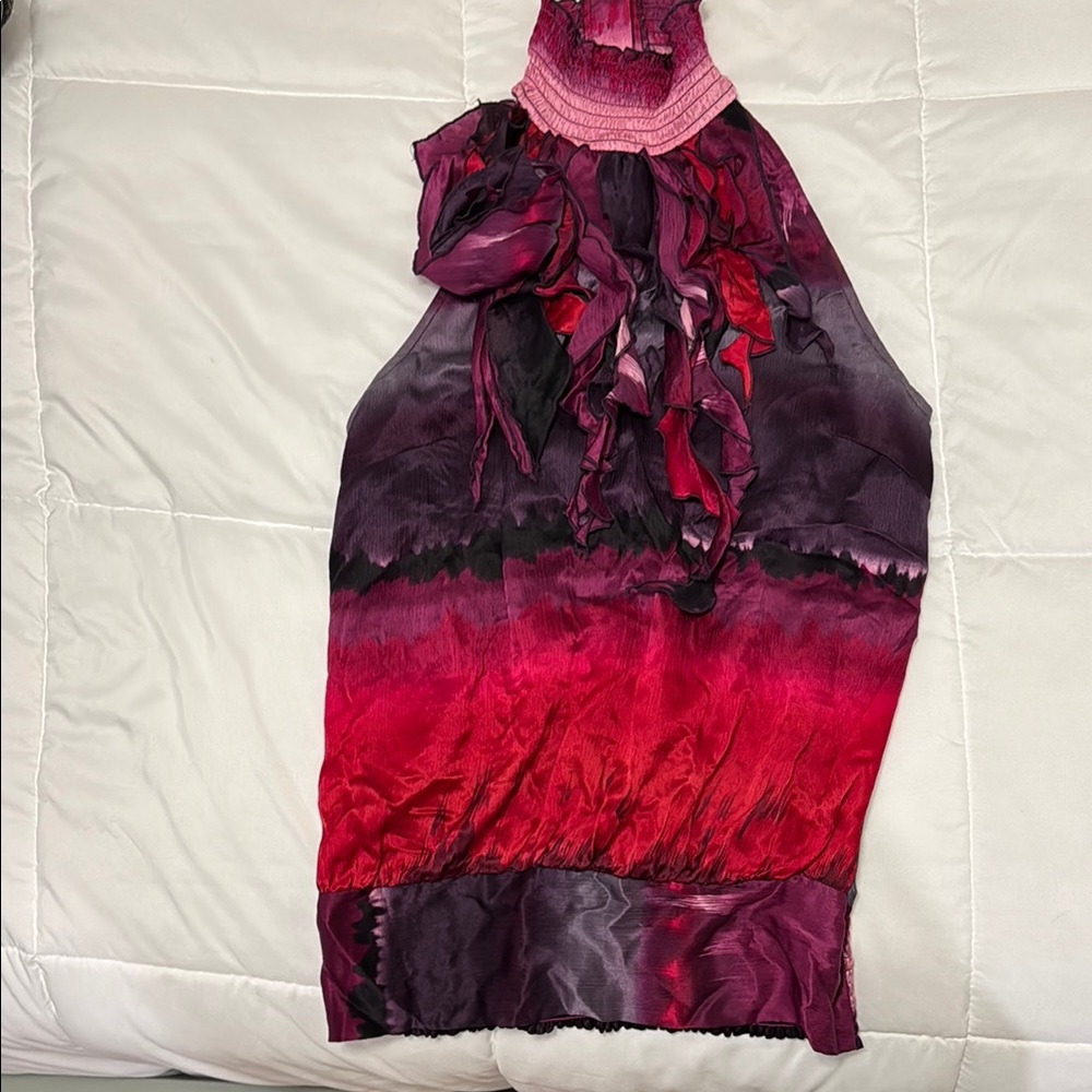 Bebe Ruffled Sleeveless Blouse in Red and Pink